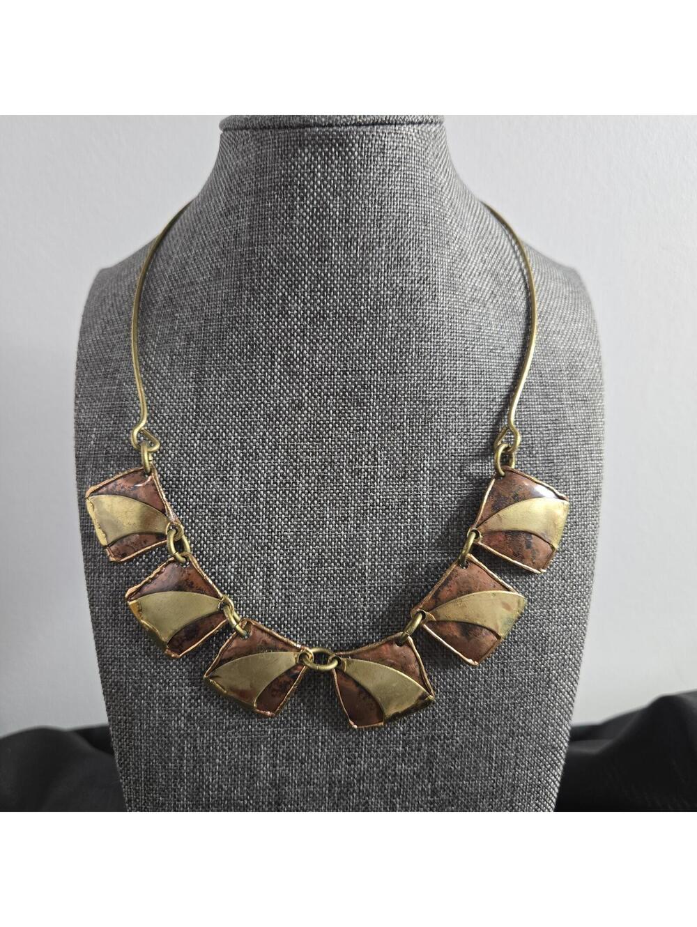 Vintage Copper Brass Modernist Statement Necklace Artisan Mixed Metal Bib Collar